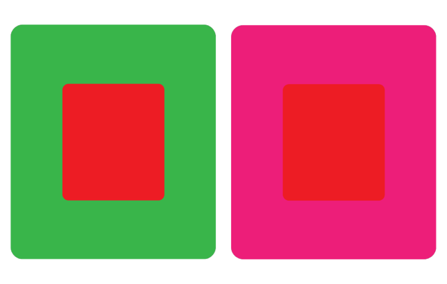 Grøn firkant med rød firkant og pink firkant med rød firkant