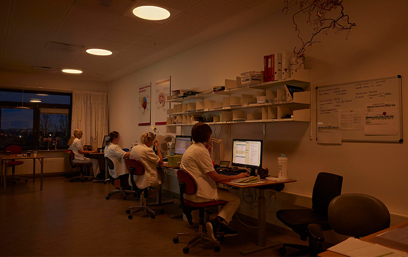 Four nurses sit at their respective computers in a staff room illuminated with circadian lighting