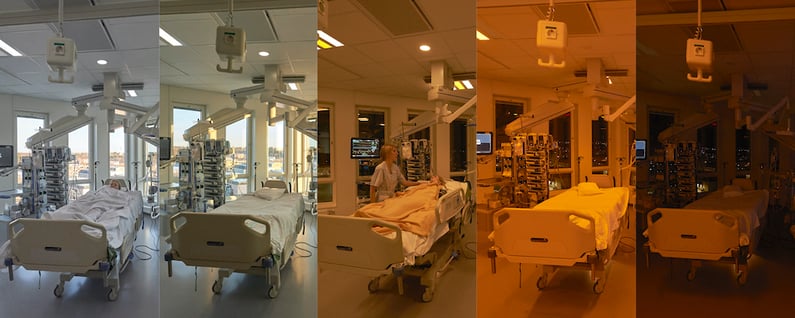 A hospital room at Hudiksvall hospital showing the different phases of circadian lighting