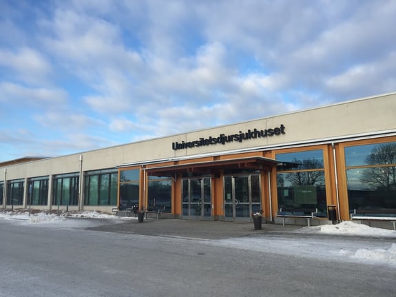 Indgangen til Universitetsdjursjukhuset Uppsala ste udefra med blå himmel og sne