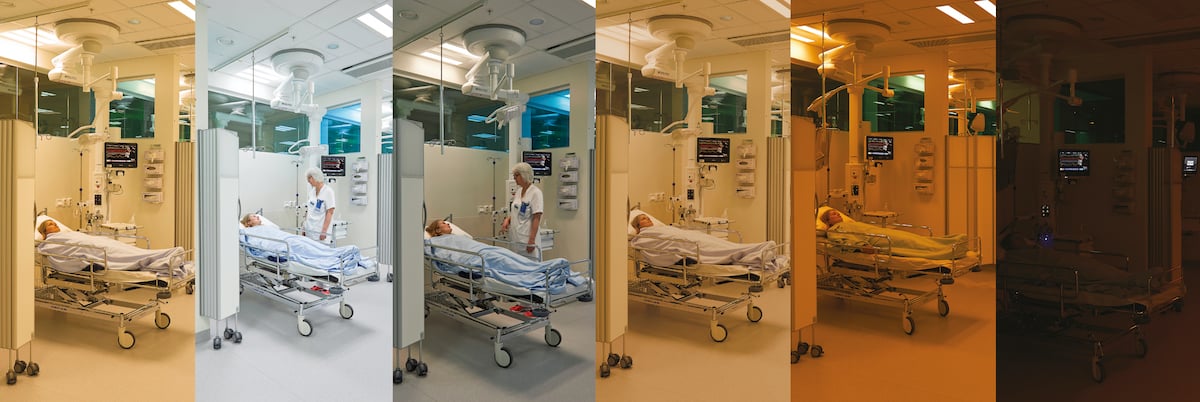 Hospitalsstue i døgnrytmelysets forskellige faser fra tidlig morgen til sen aften og nat