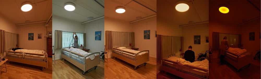 En plejebolig i døgnrytmelysets forskellige faser fra tidlig morgen til sen aften og nat