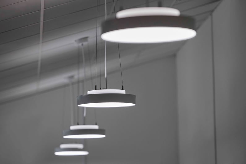 Pendants with circadian lighting hanging from the ceiling at a nursing home